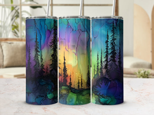 Three tumblers with a vibrant, abstract forest and sky design.