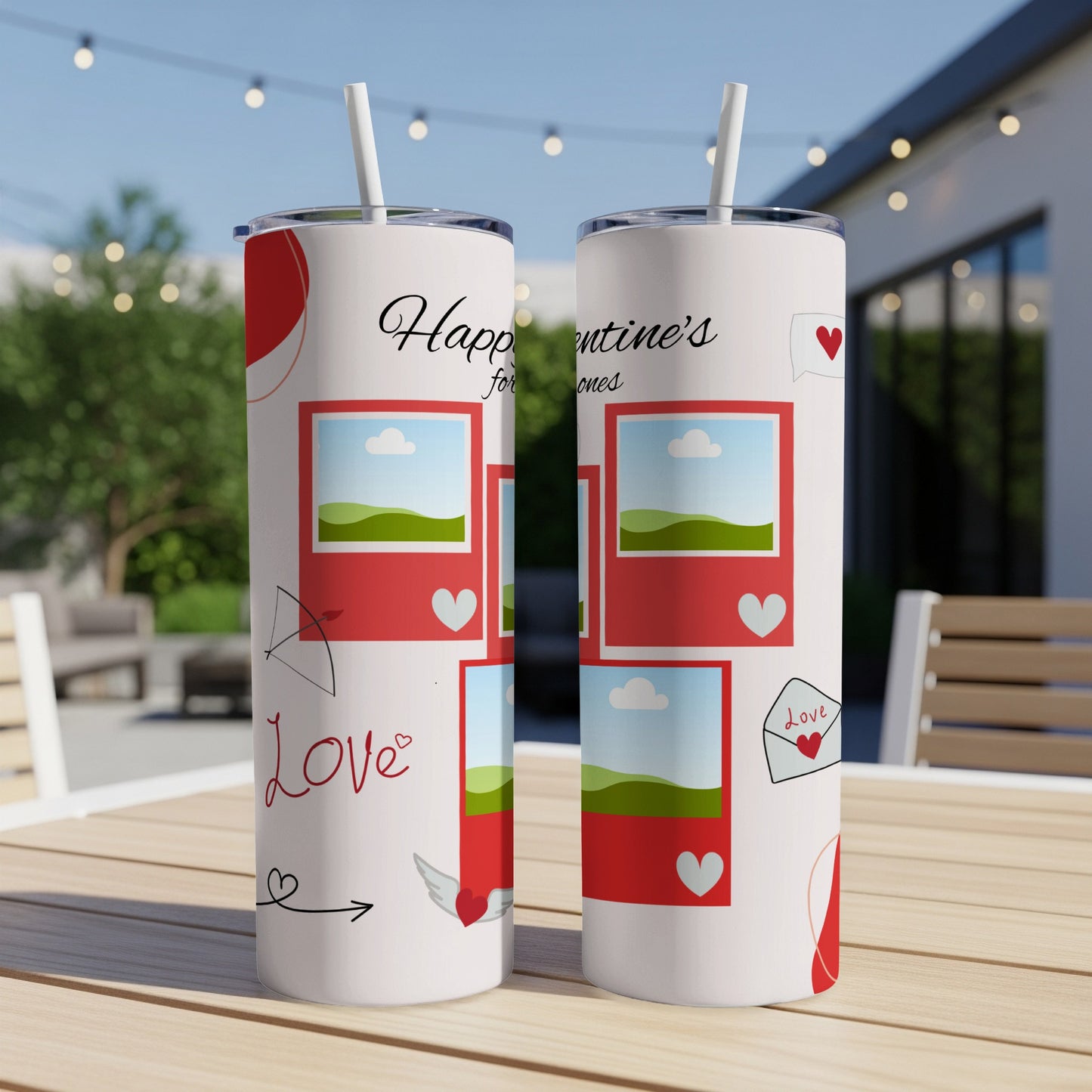 Two white tumblers with Valentine's Day graphics, including photos and hearts.