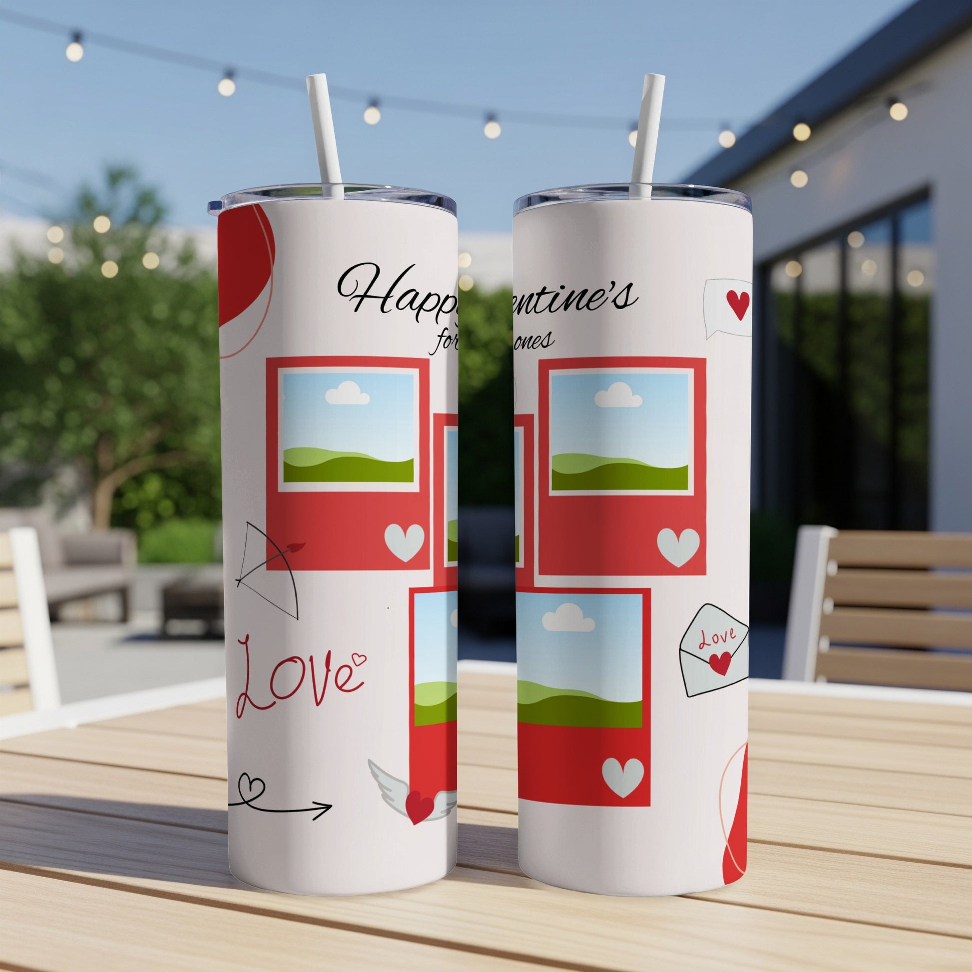 Two white tumblers with Valentine's Day graphics, including photos and hearts.