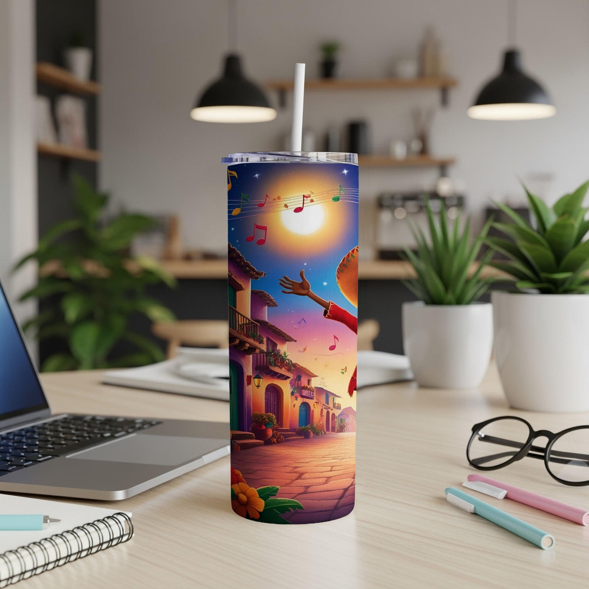 Tumbler with colorful Mexican village scene under a starry night sky.