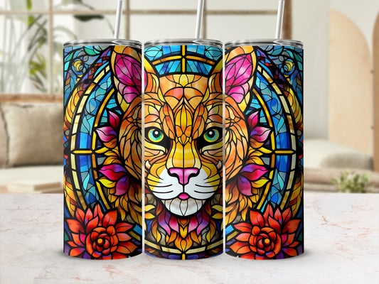 Stained glass-style tiger face with floral accents on three tumblers.