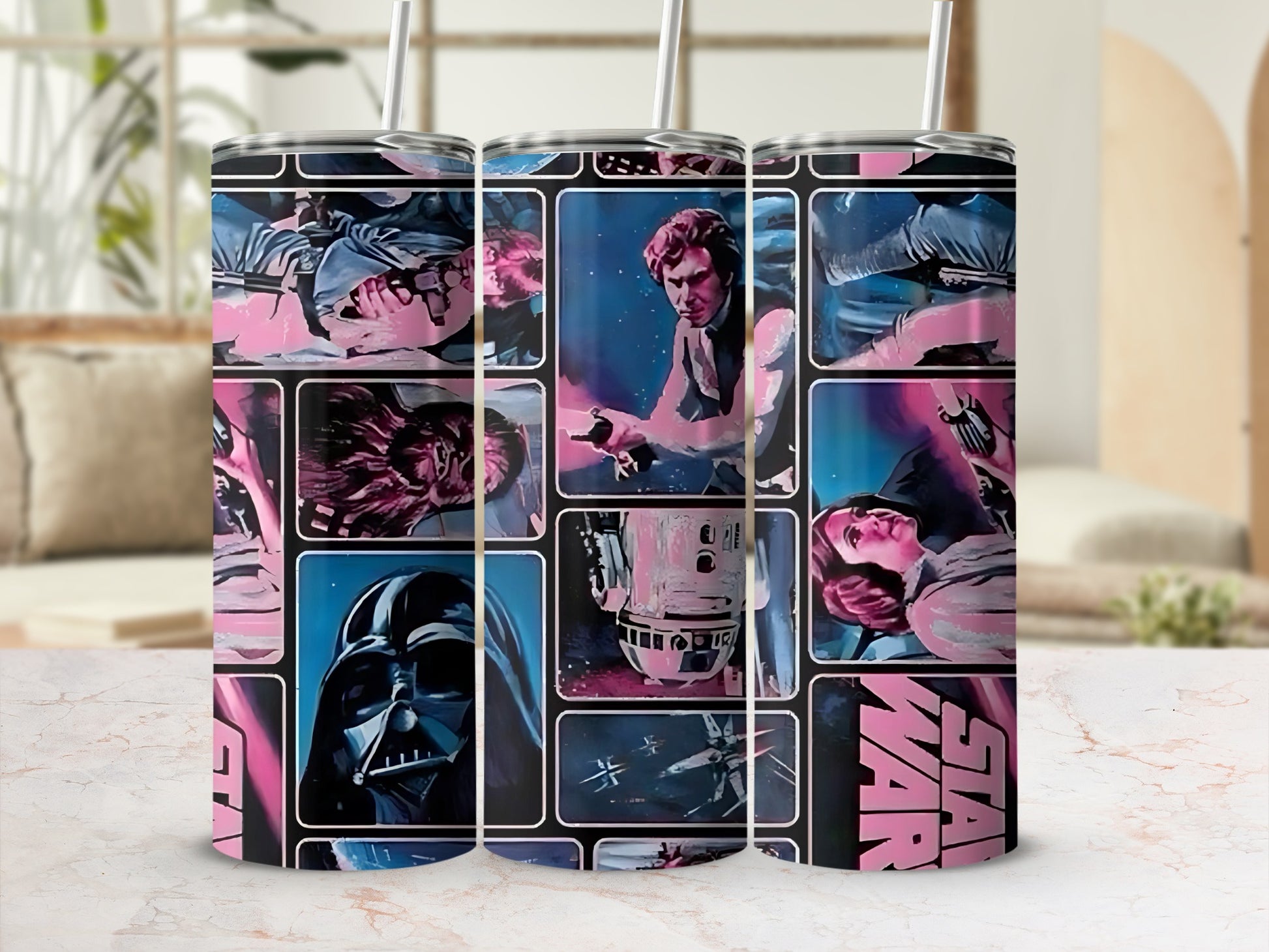Star War Comic Panel Design Pink Blue Characters Tumbler product type