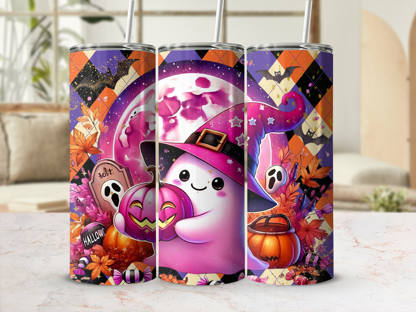 Cute Halloween Ghost with Pumpkin Witch Hat Tumbler