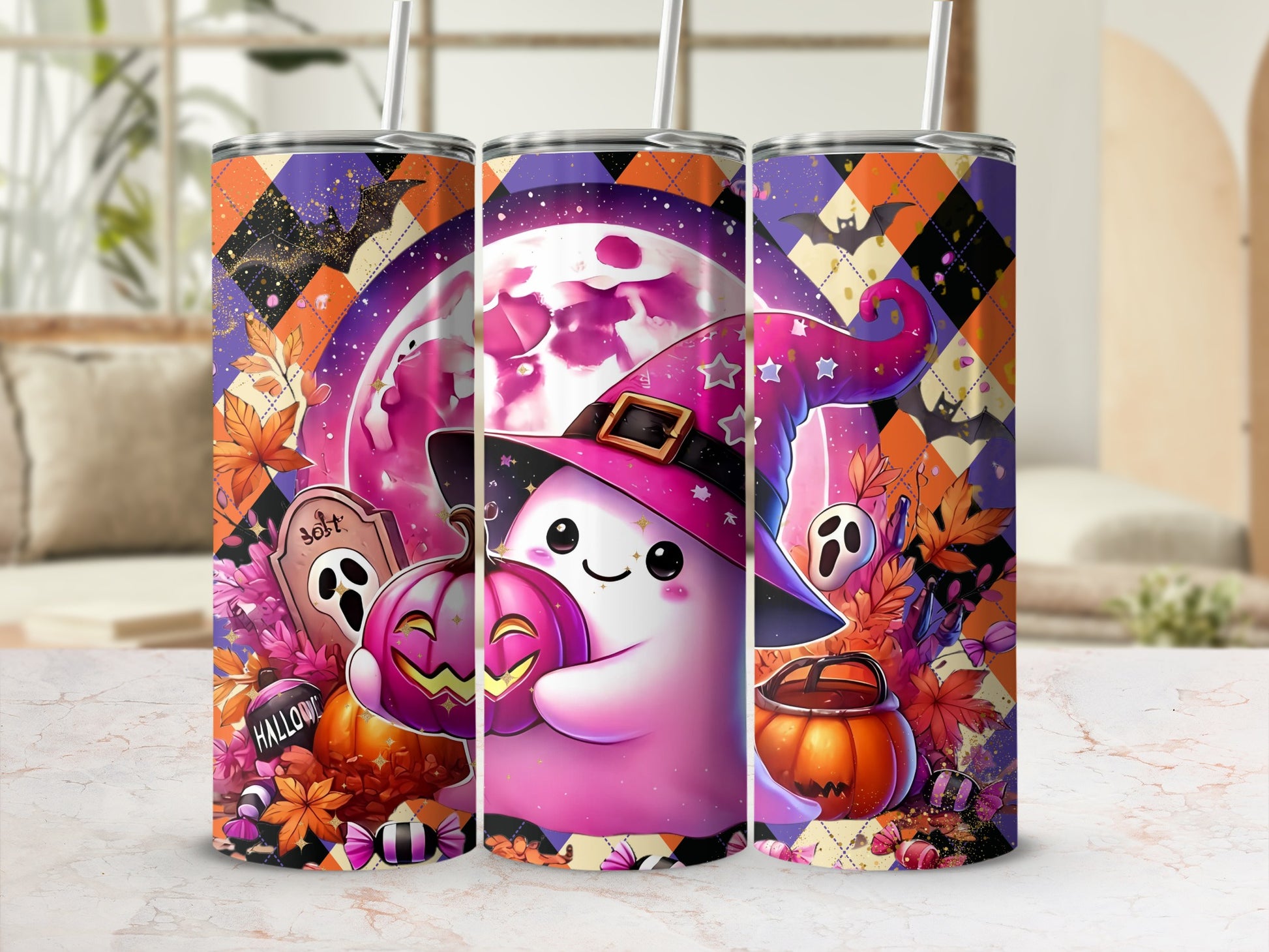 Cute Halloween Ghost with Pumpkin Witch Hat Tumbler