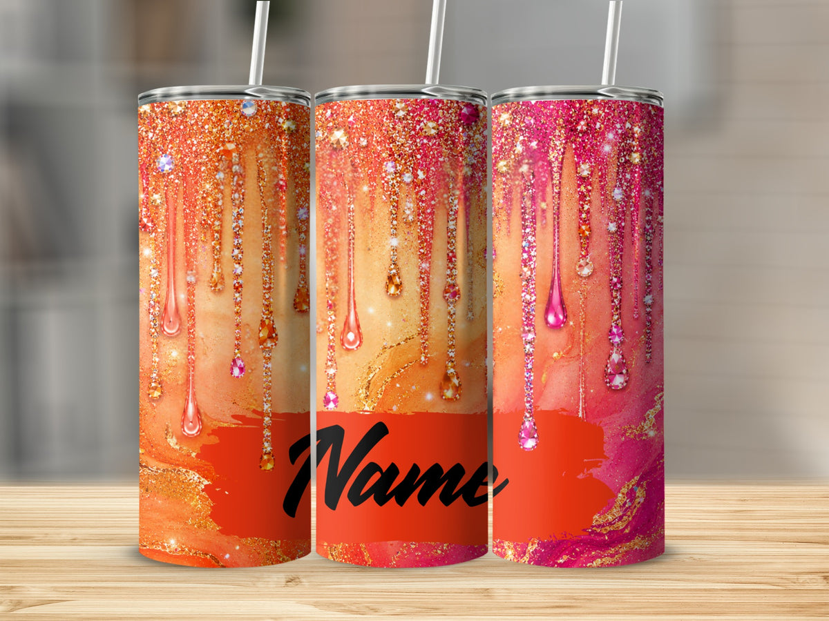 Three tumblers with orange and pink glitter drip designs and the word "Name".