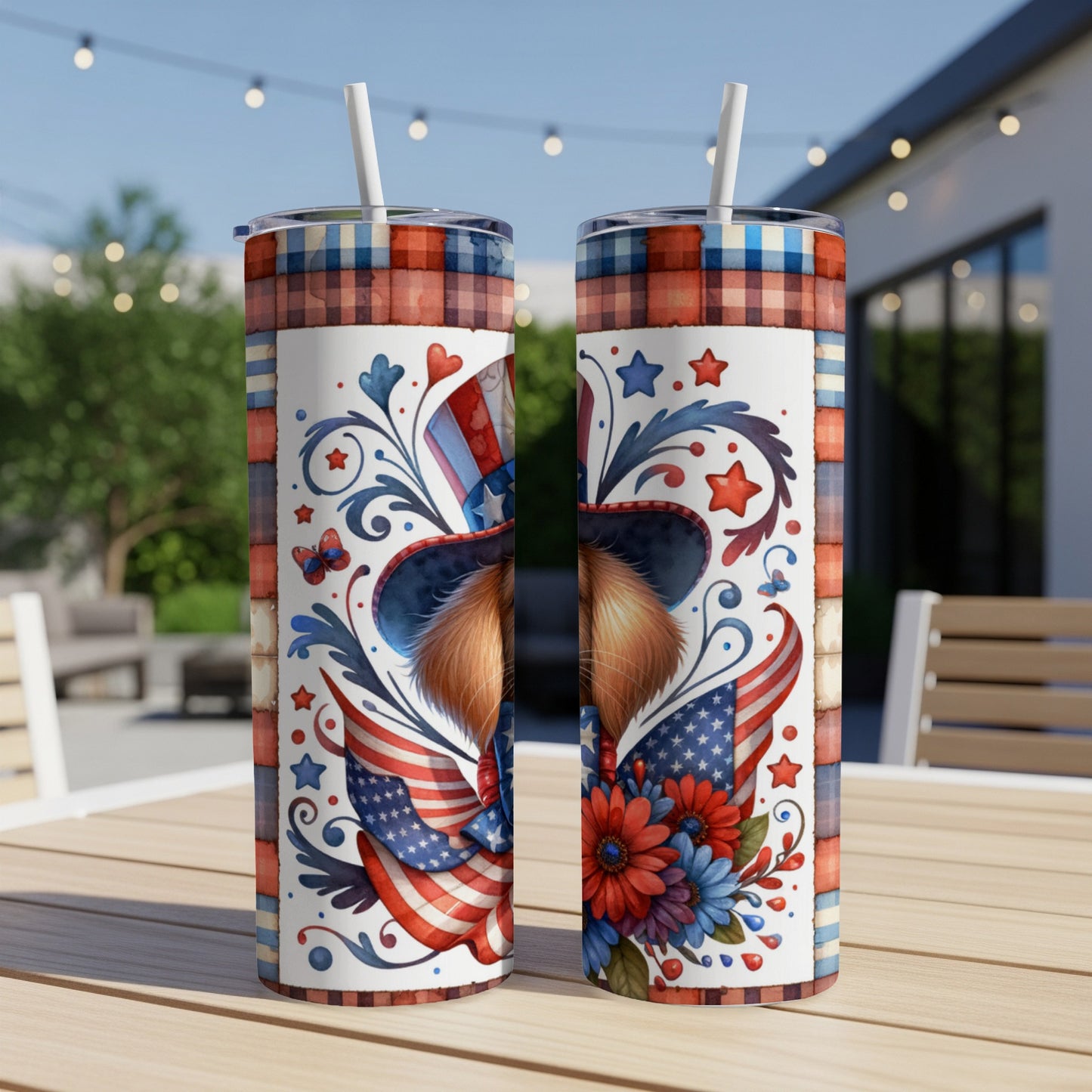 Patriotic tumbler with dog wearing Uncle Sam hat, stars, and flowers.