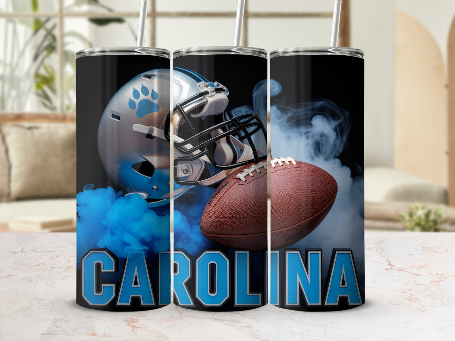 Carolina Panthers football helmet and ball with blue smoke.