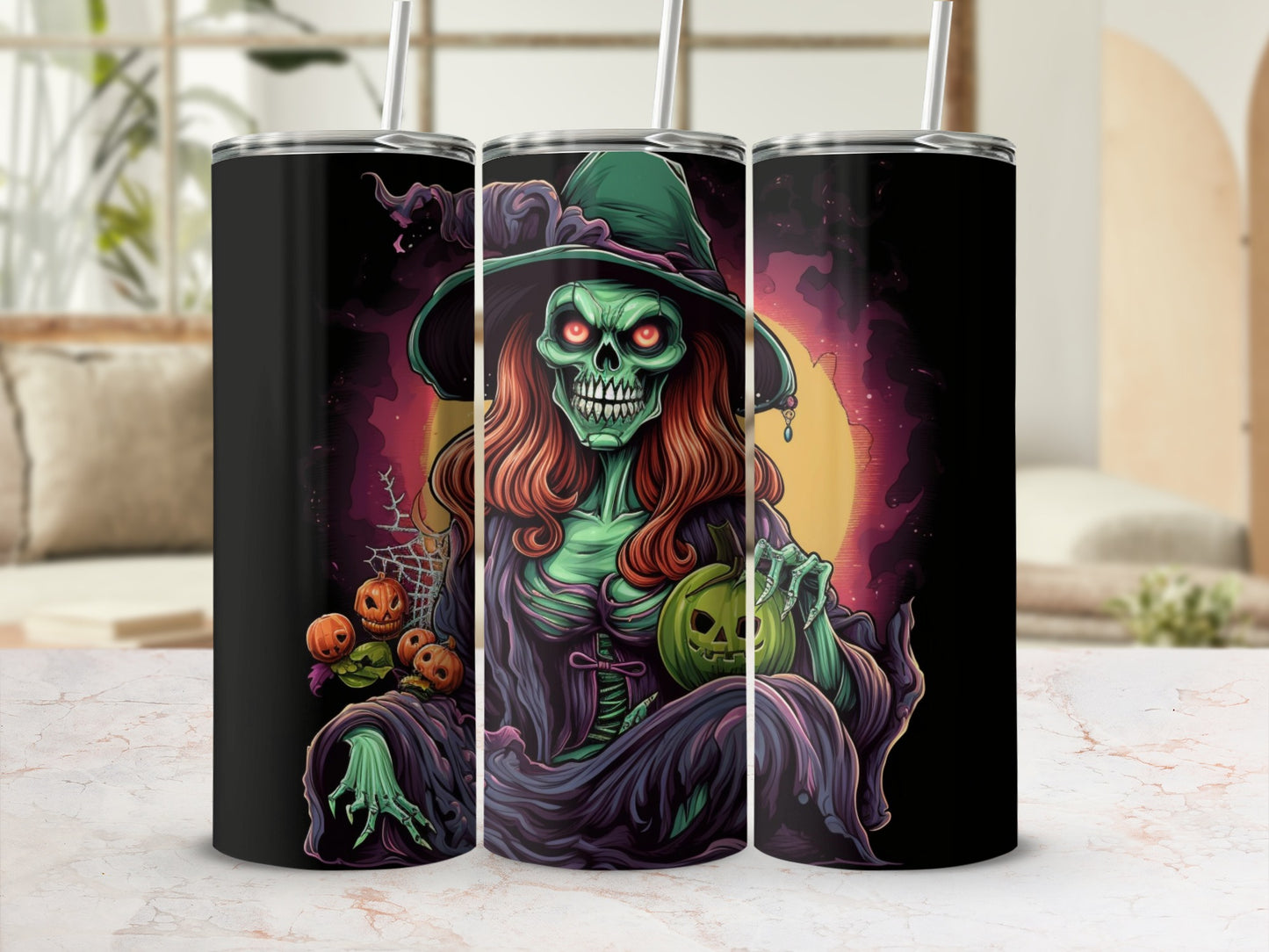 Green skeleton witch with pumpkins and jack-o-lanterns on Halloween-themed tumblers.