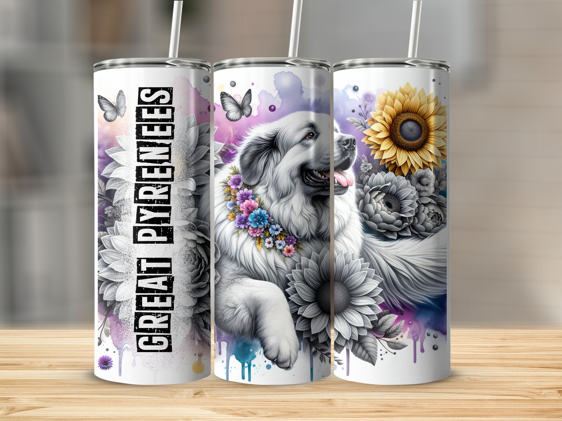 Great Pyrenees dog with flowers and sunflowers on three tumblers.