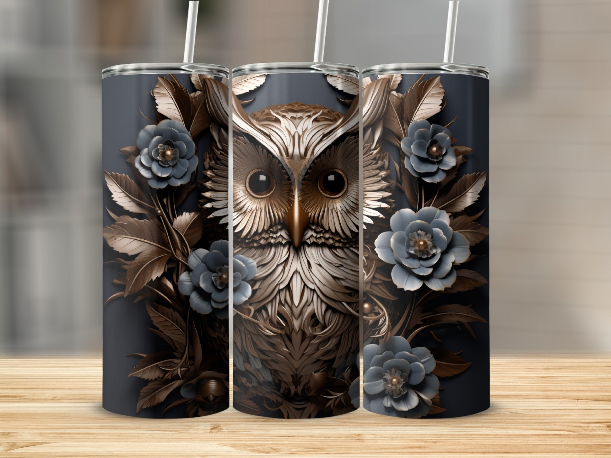 Three tumblers with an owl and floral design.