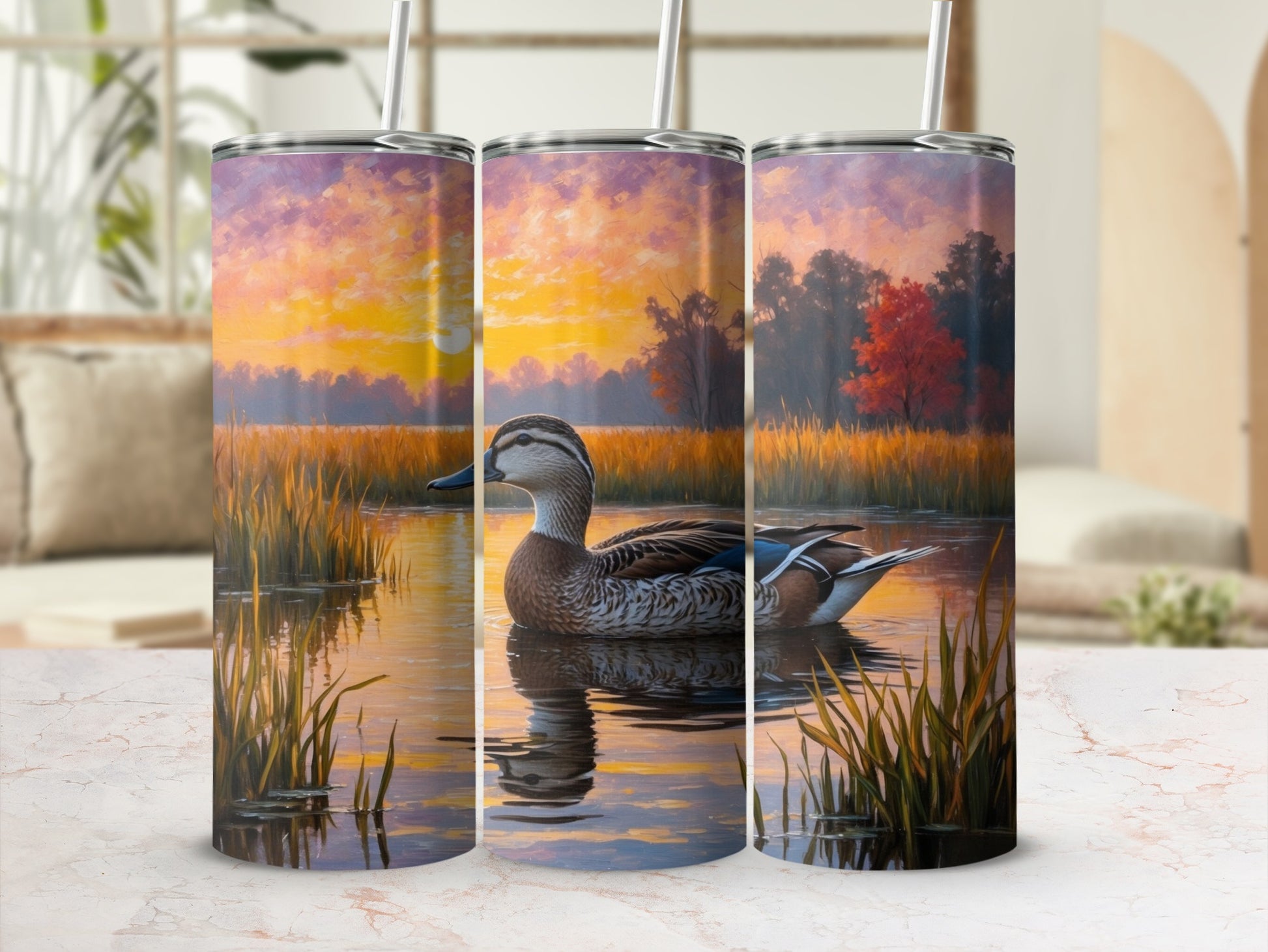 Duck in marsh at sunset with colorful sky, on a tumbler.