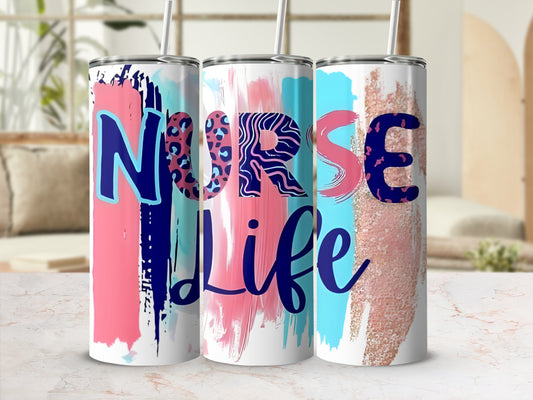 Pink, blue, and gold abstract brush strokes with "Nurse Life" text.