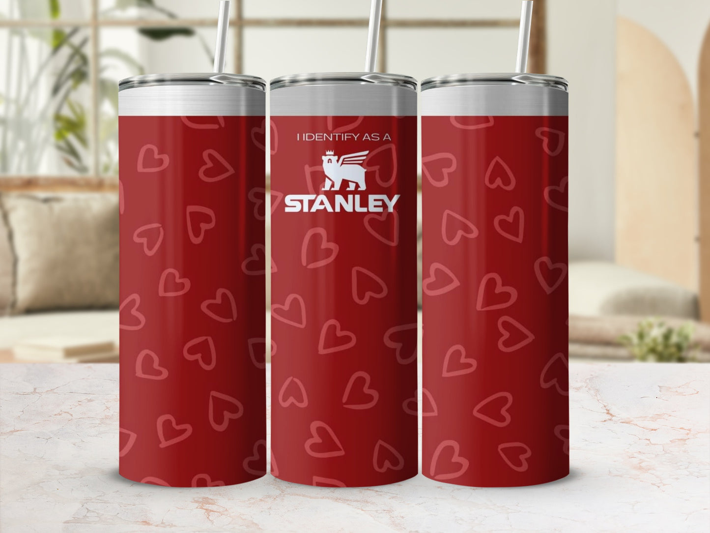 Red Heart Patterned I Identify as a Stanley Tumbler