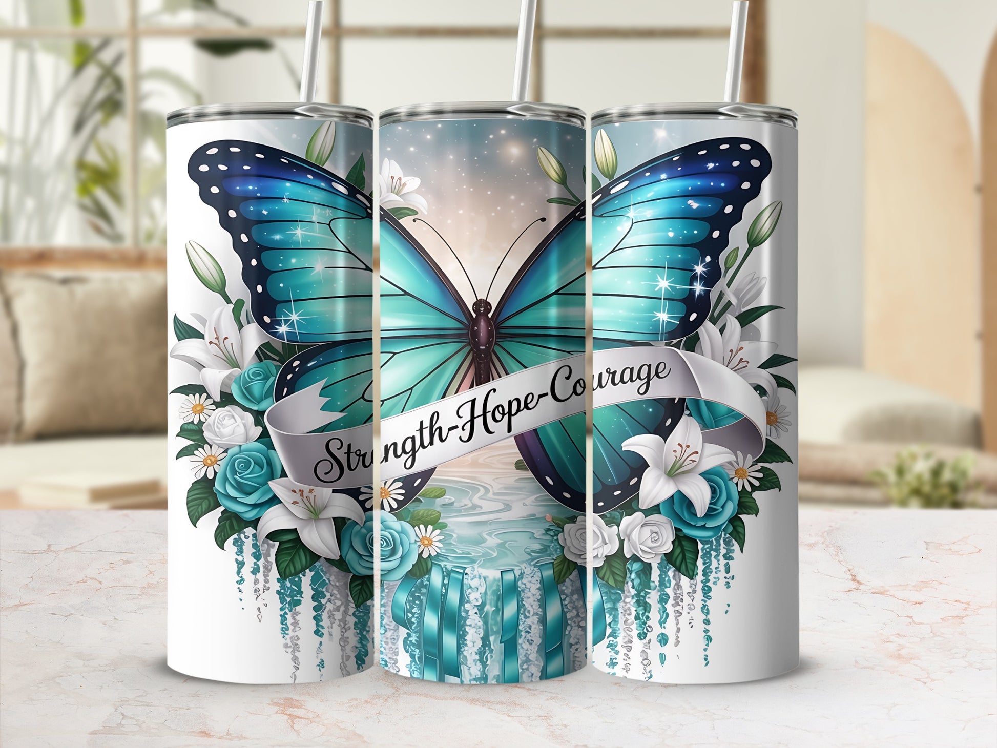Strength Hope Courage Butterfly Floral Tumblers