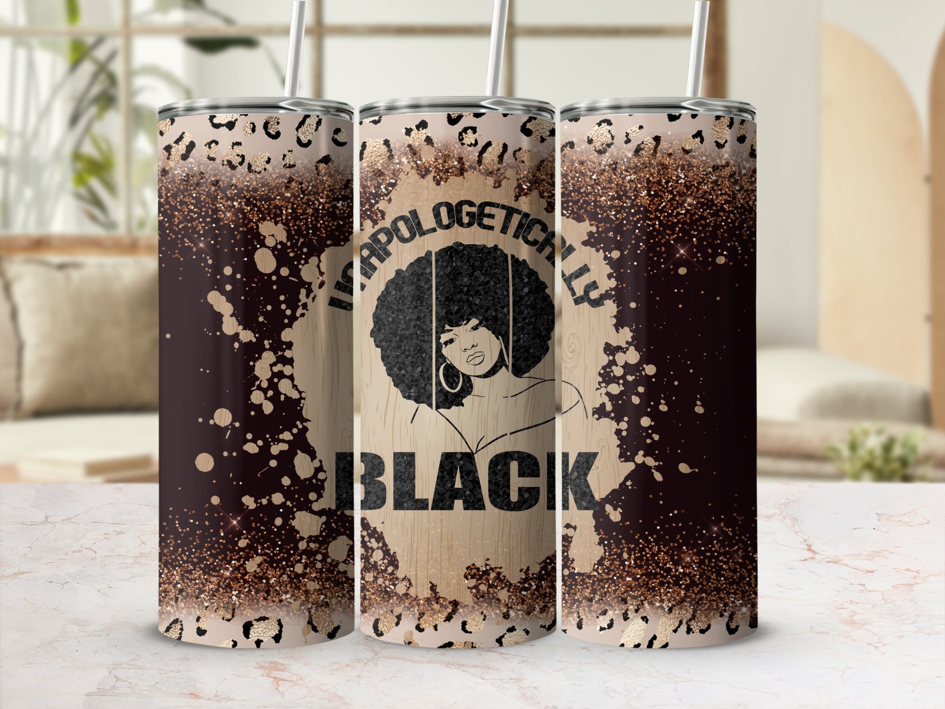 Tumbler with leopard print, glitter, and text "unapologetically BLACK".