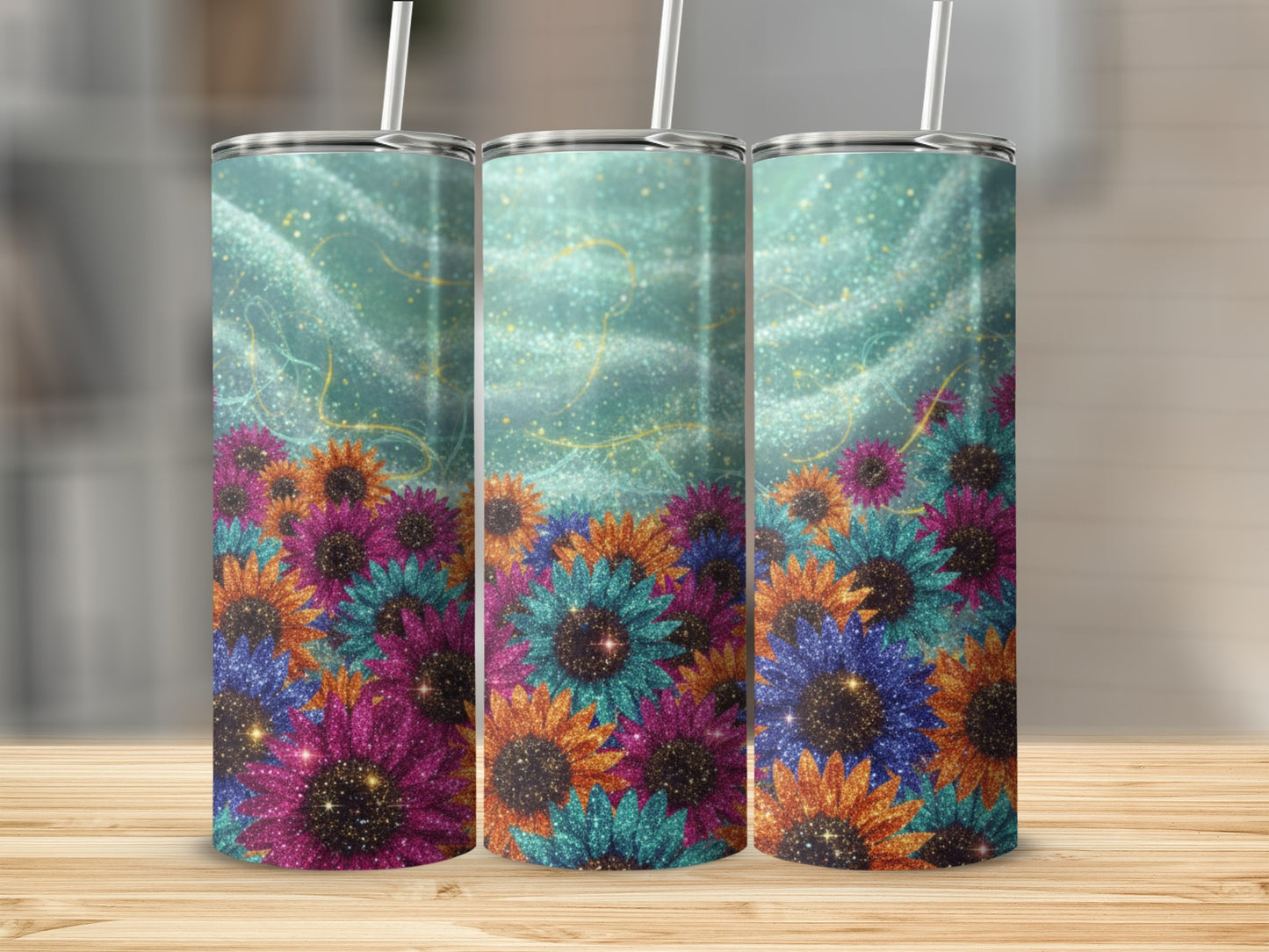 Colorful Glittery Sunflower Design Tumbler Product