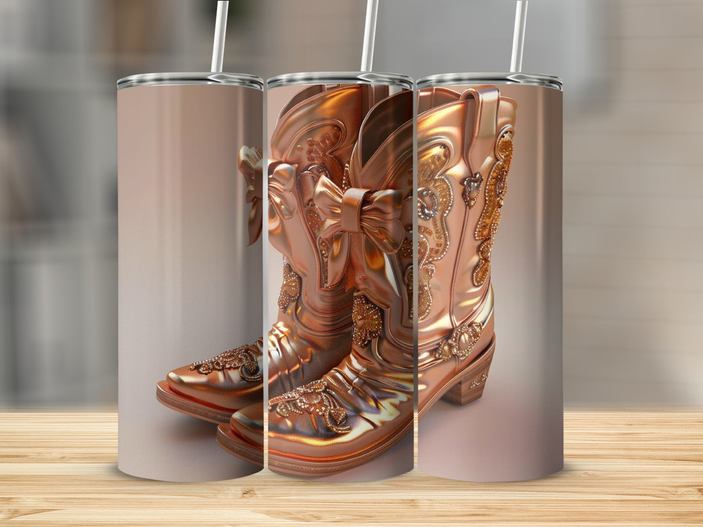 Gold cowboy boots with bows and rhinestones, shown on tumblers.