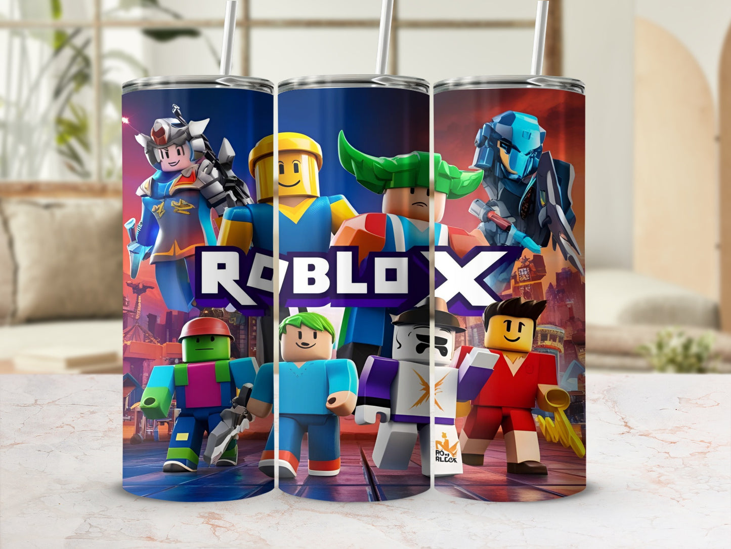 Roblox characters standing in front of a blue and purple cityscape.