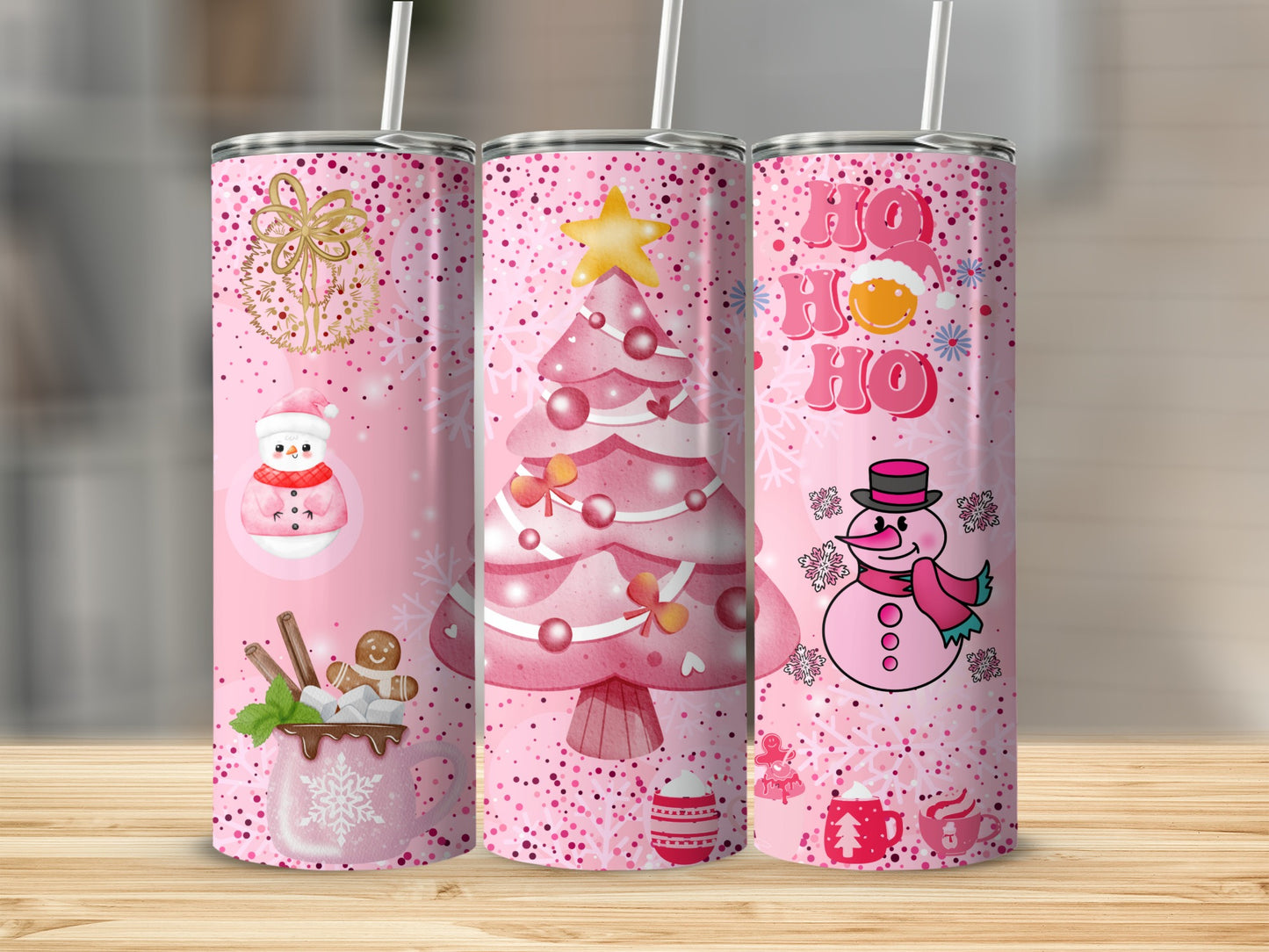 Festive Pink Christmas Themed Tumbler Set With Straw