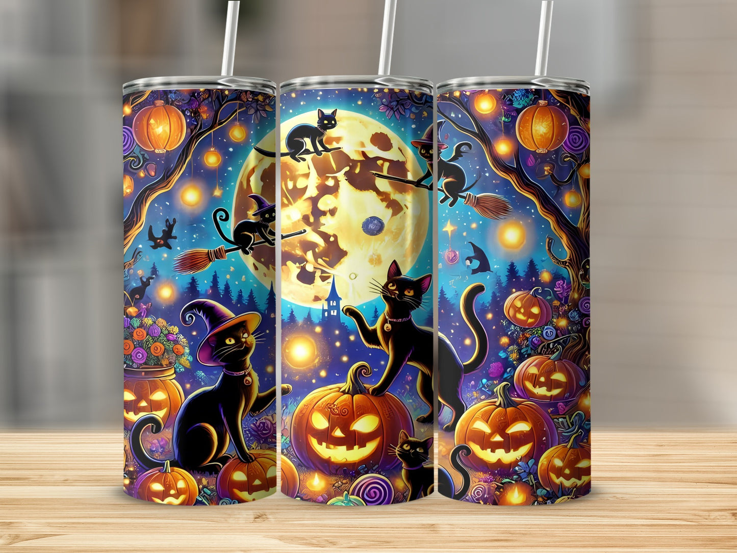 Halloween tumblers with black cats, jack-o'-lanterns, and a full moon.