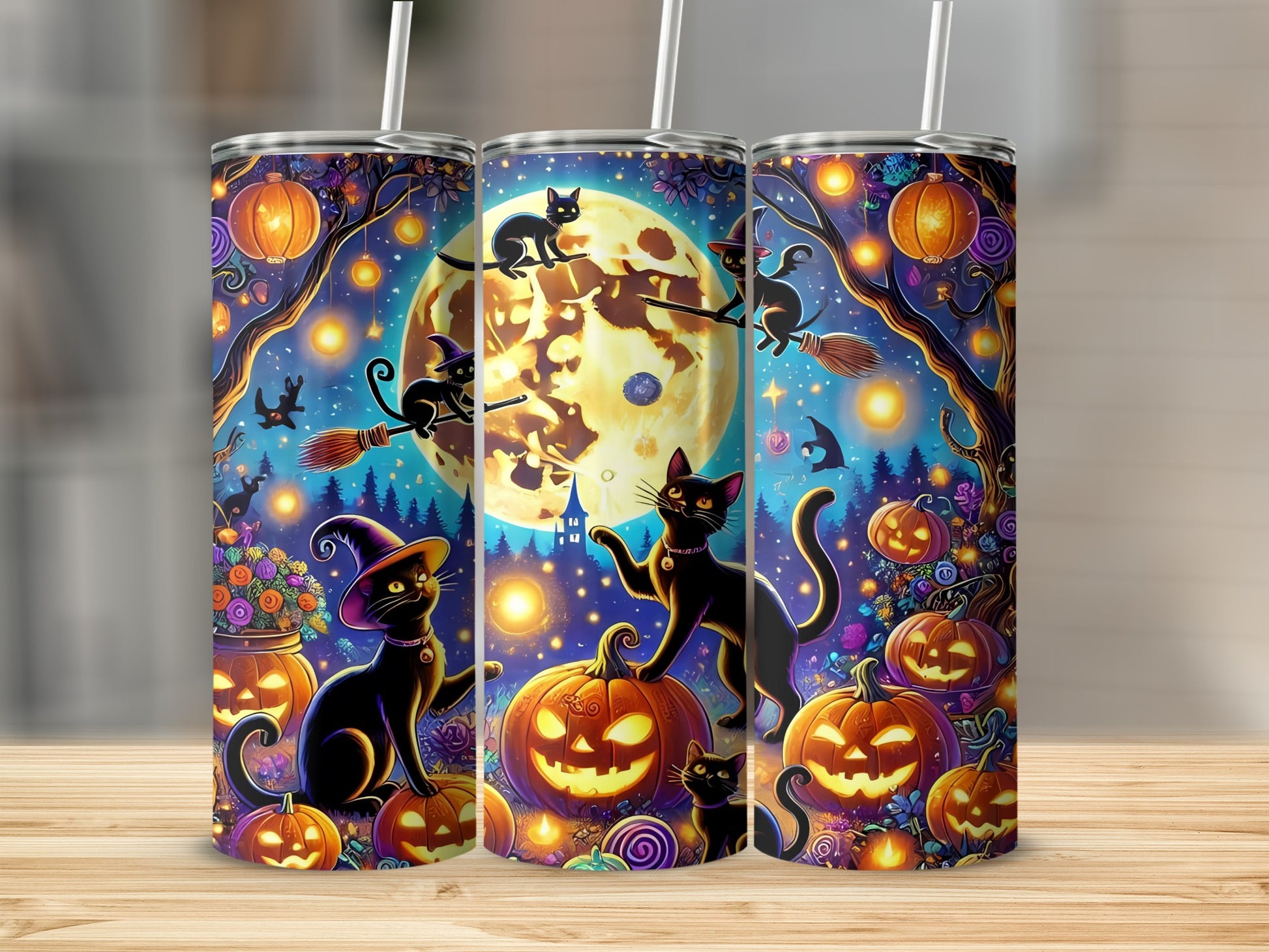 Halloween tumblers with black cats, jack-o'-lanterns, and a full moon.
