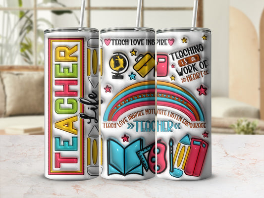 Three teacher-themed tumblers with colorful designs and motivational text.