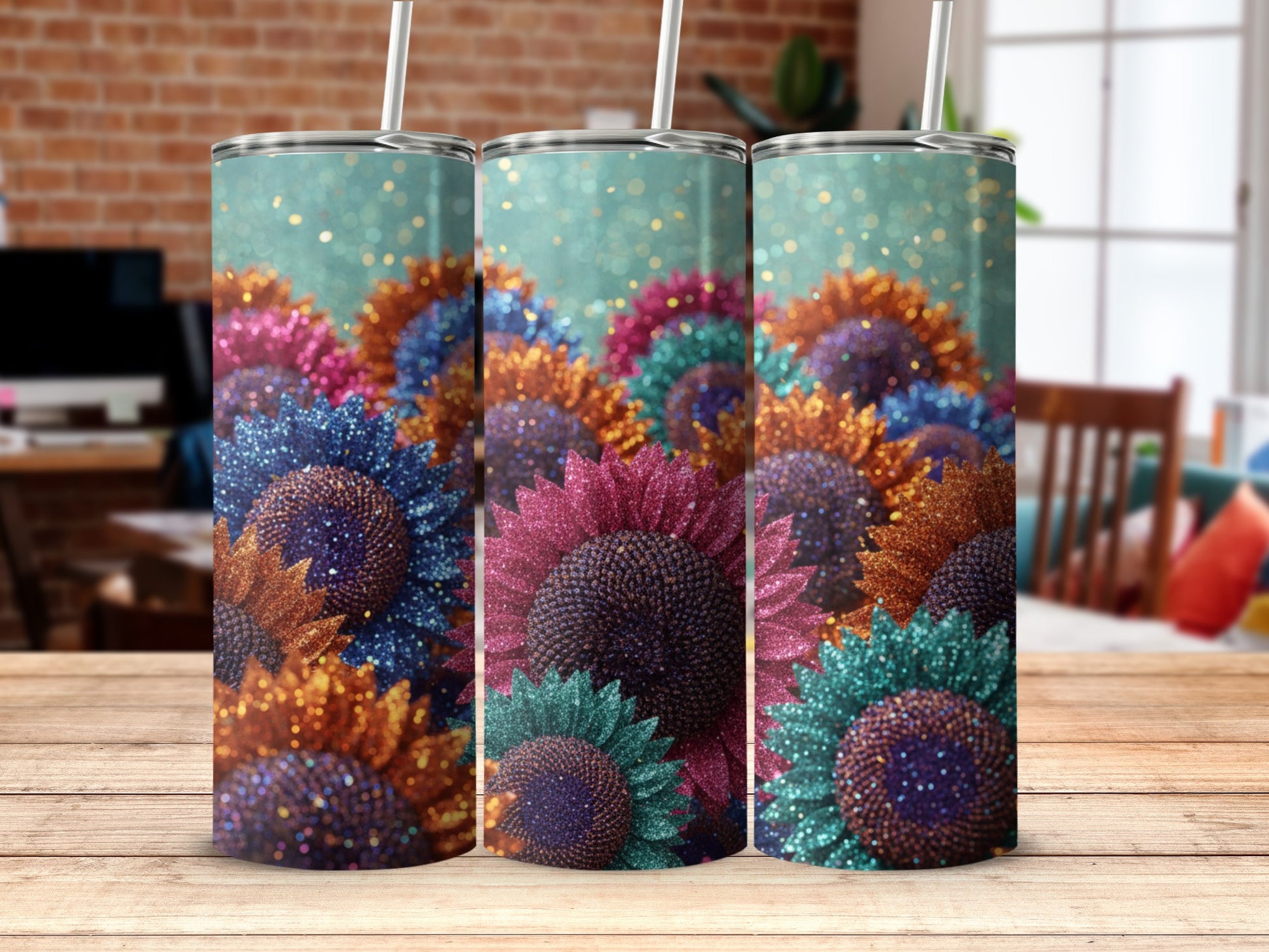 Colorful Glitter Sunflower Design Tumbler