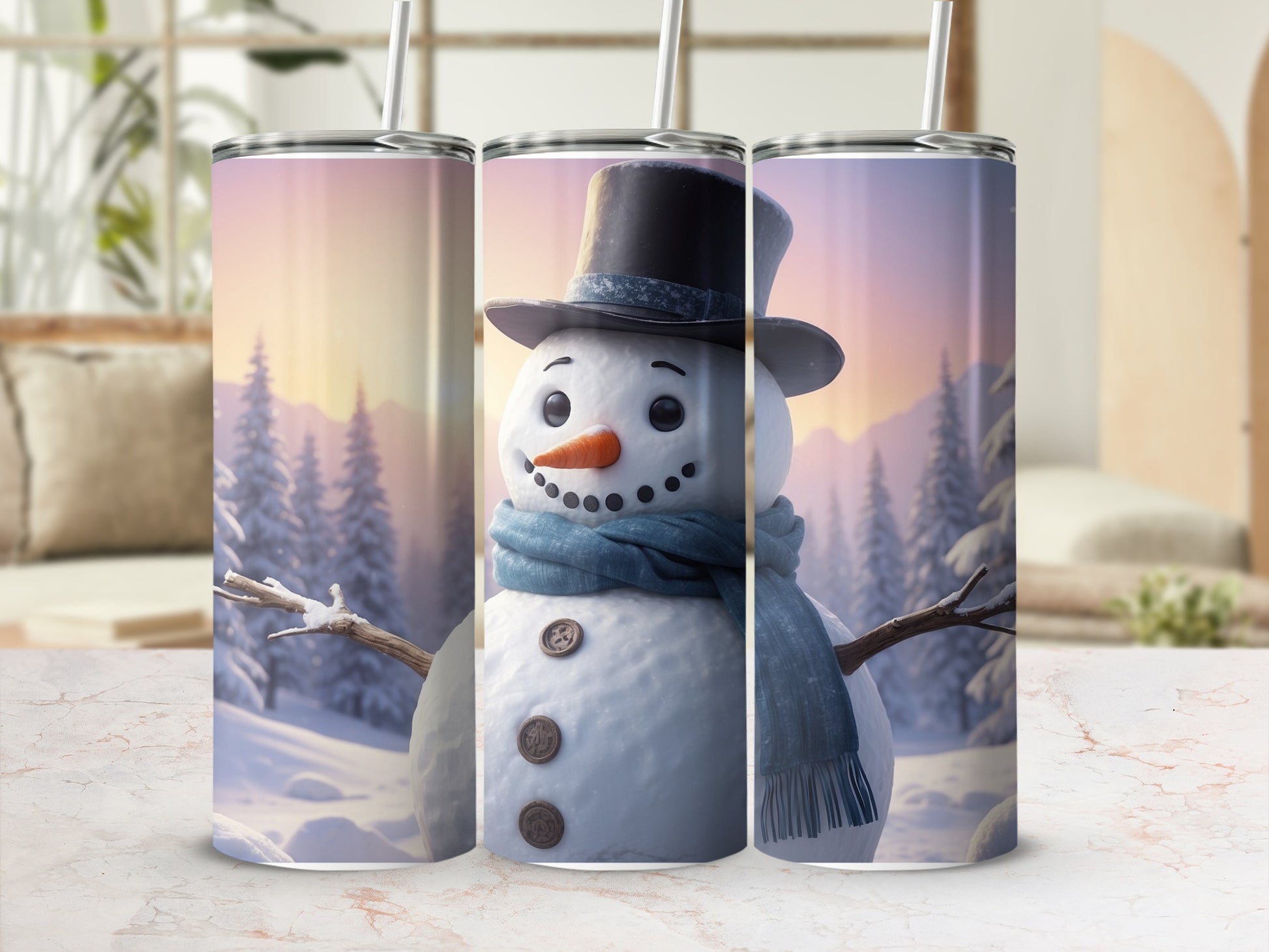 Snowman in winter landscape wearing hat and scarf, with trees.