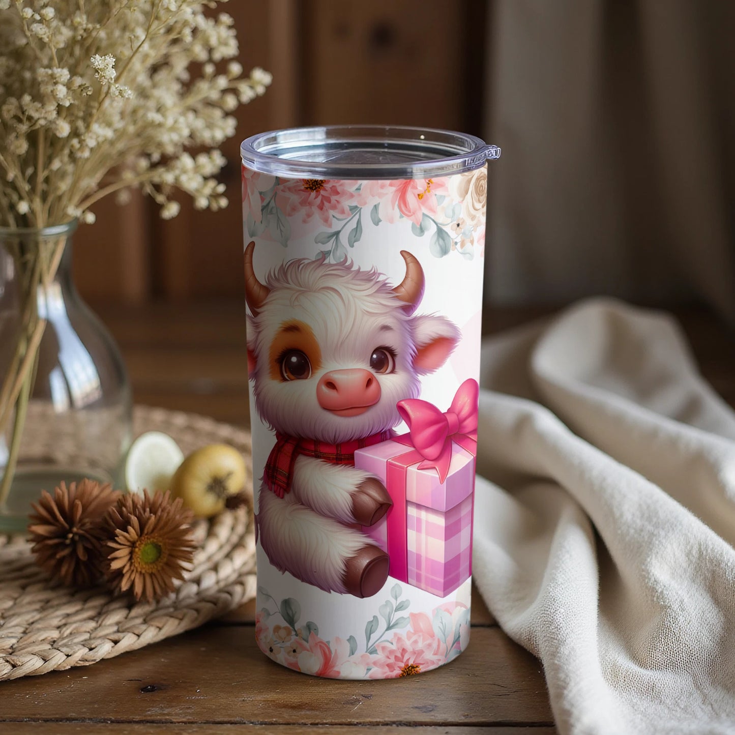 Adorable Cartoon Cow With Gift Floral Design Tumbler