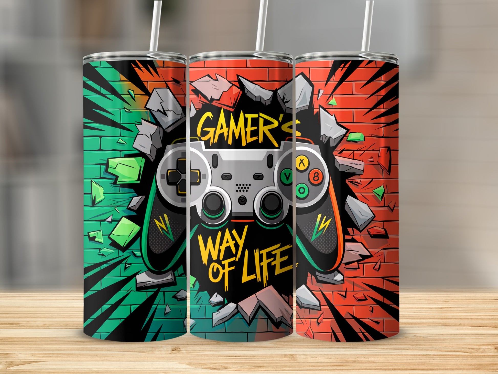 Gaming controller and "Gamer Way of Life" text on a cracked brick background.