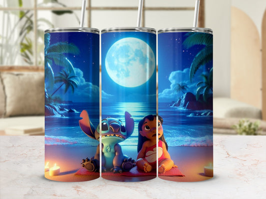 Cute Beach Scene with Full Moon Tumbler Cup