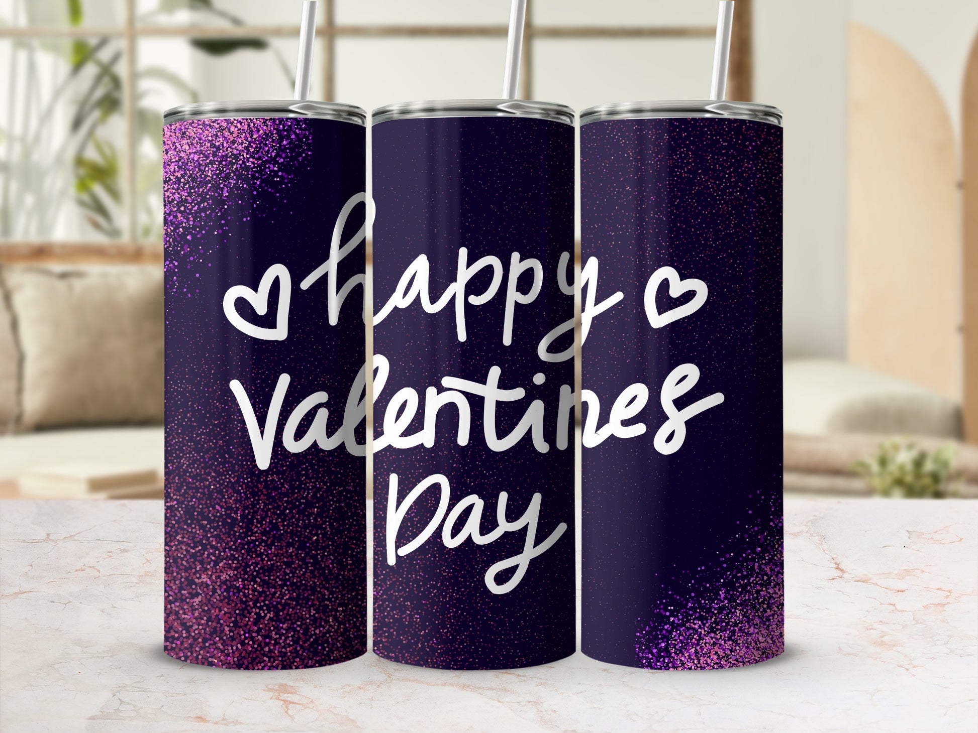 Happy Valentines Day Purple Glitter Tumbler