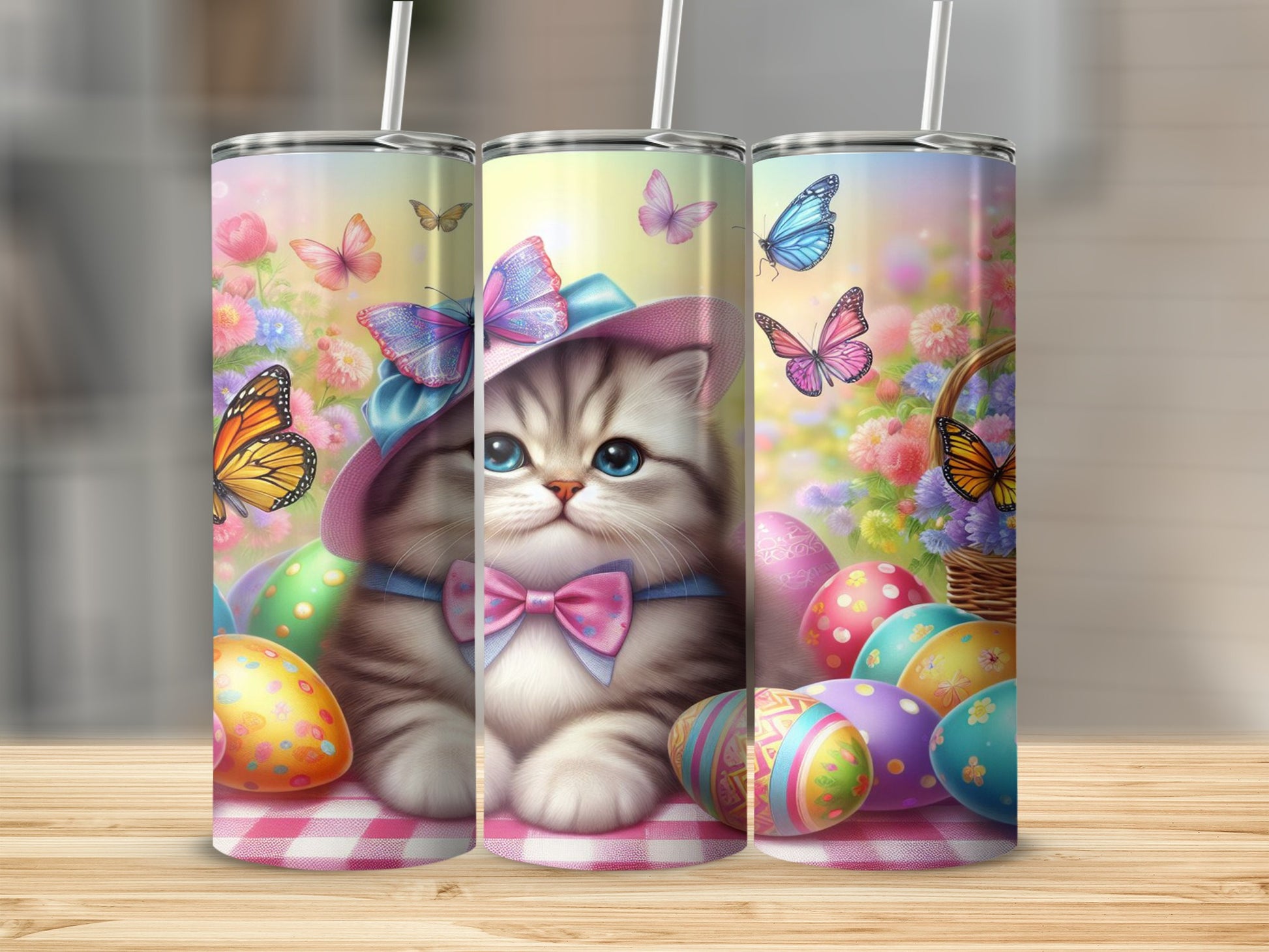 Kitten in a hat with Easter eggs and butterflies.
