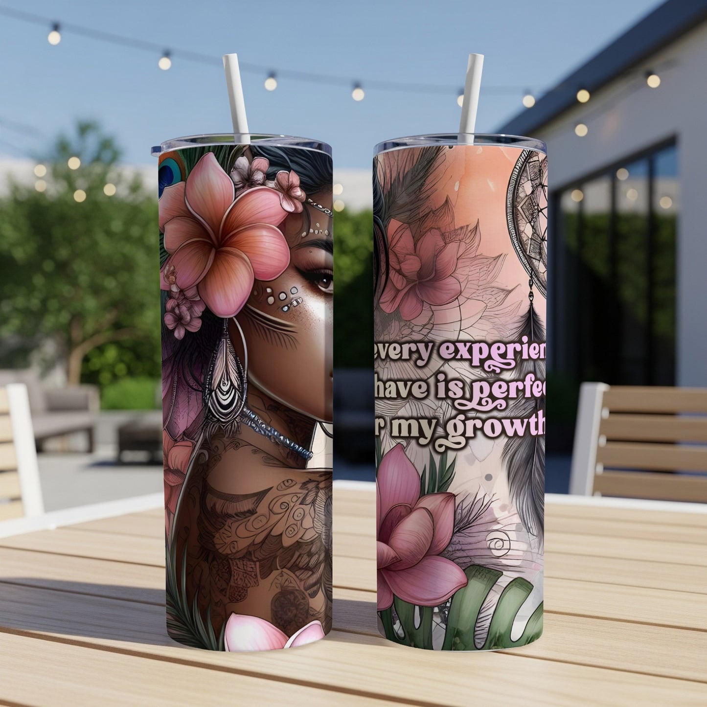 Two tumblers with woman's face, feathers, flowers, and empowering text.