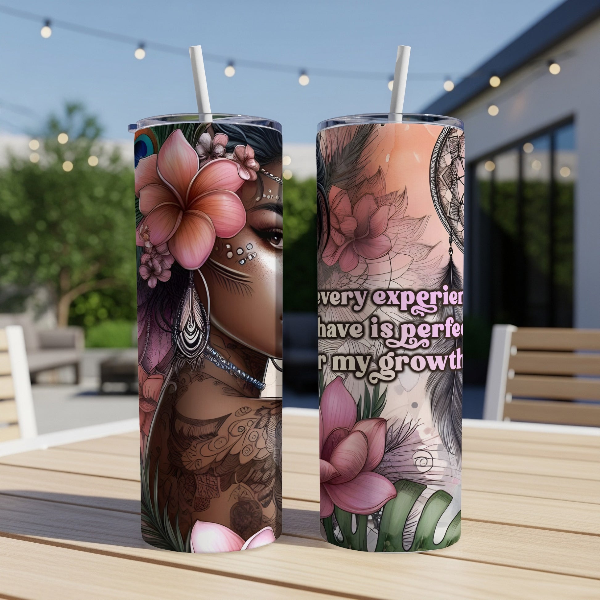 Two tumblers with woman's face, feathers, flowers, and empowering text.