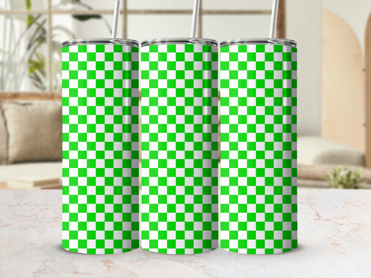 Three green and white checkered tumblers with straws.