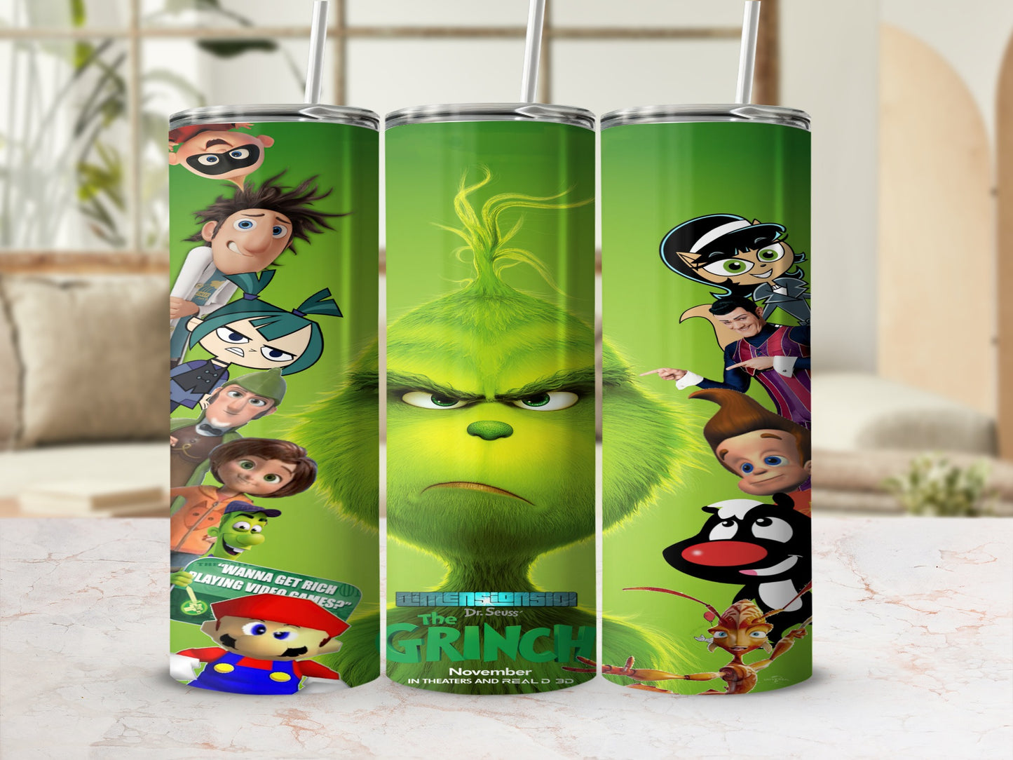Dr. Seuss The Grinch tumbler with characters from the movie.