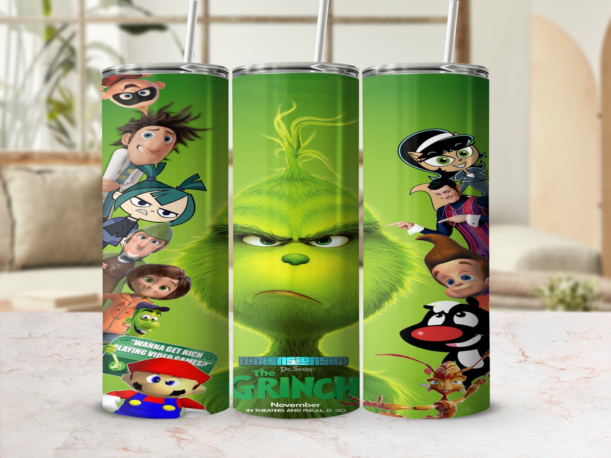 Dr. Seuss The Grinch tumbler with characters from the movie.