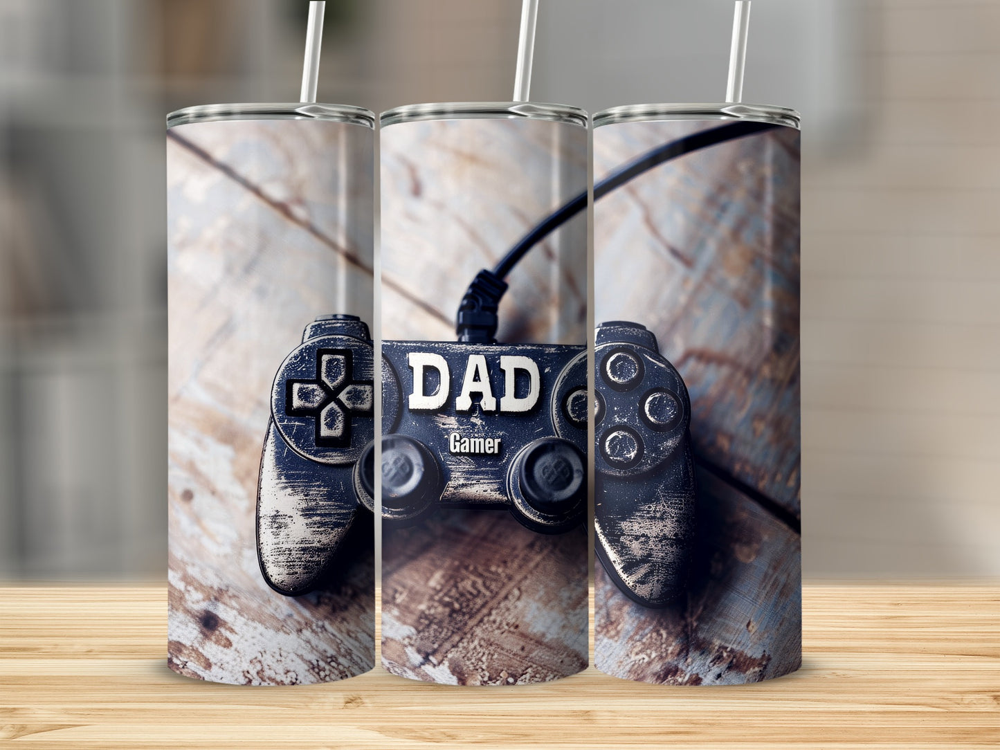 Dad Gamer controller with straws on wood background.