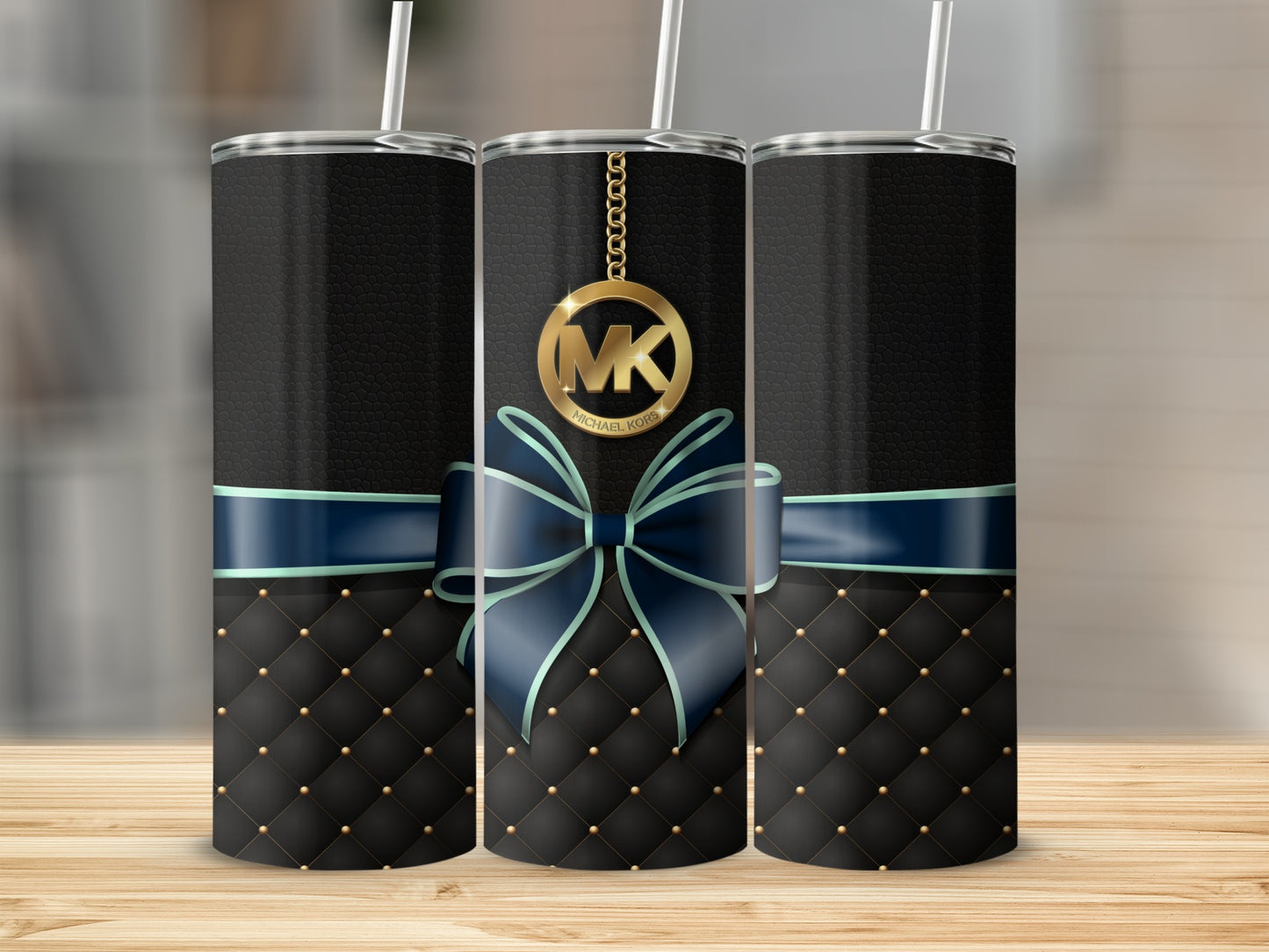 Chic Quilted Black Tumbler with Blue Ribbon Design