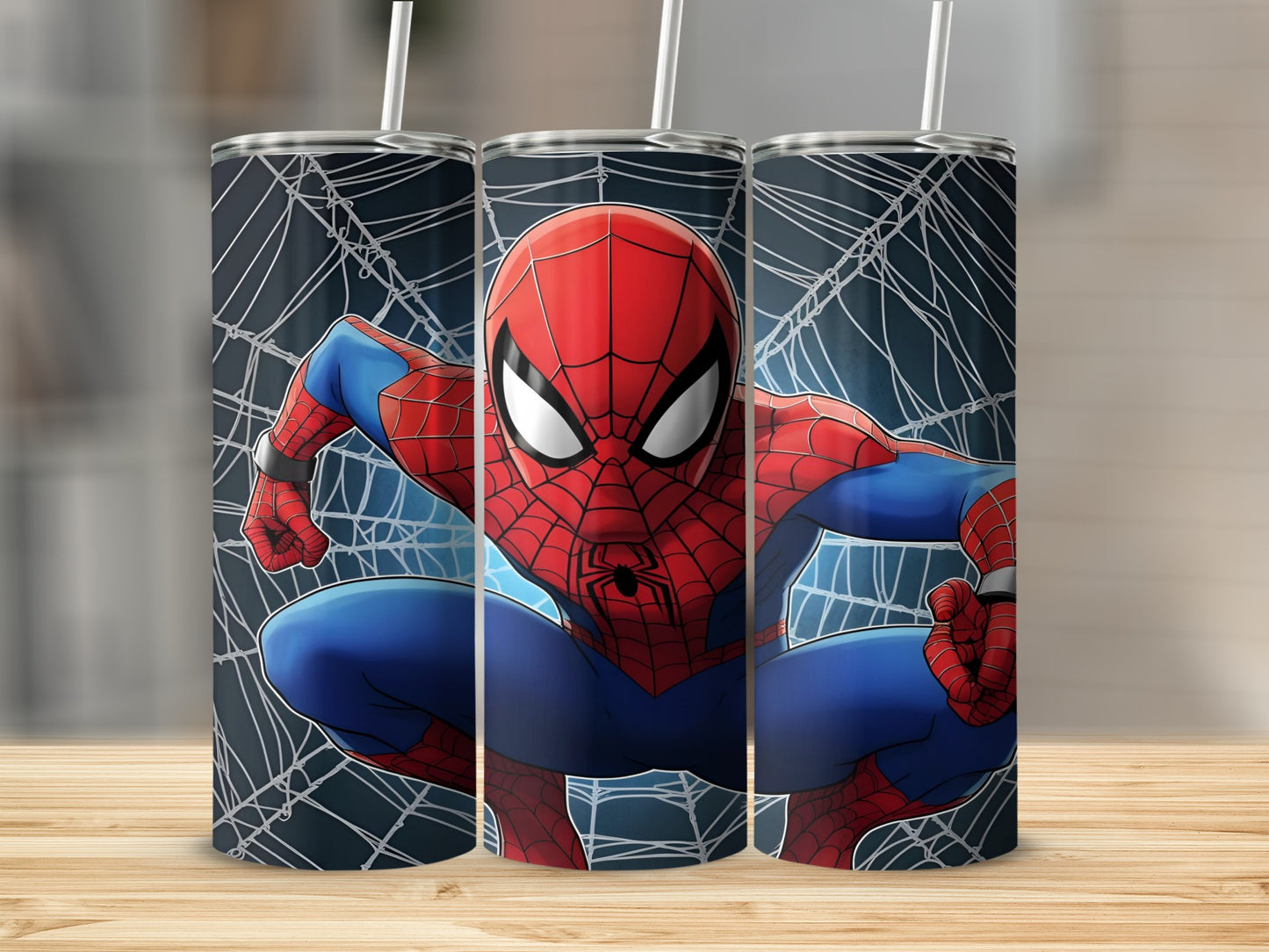 Spiderman posed on a web background, shown on a tumbler.