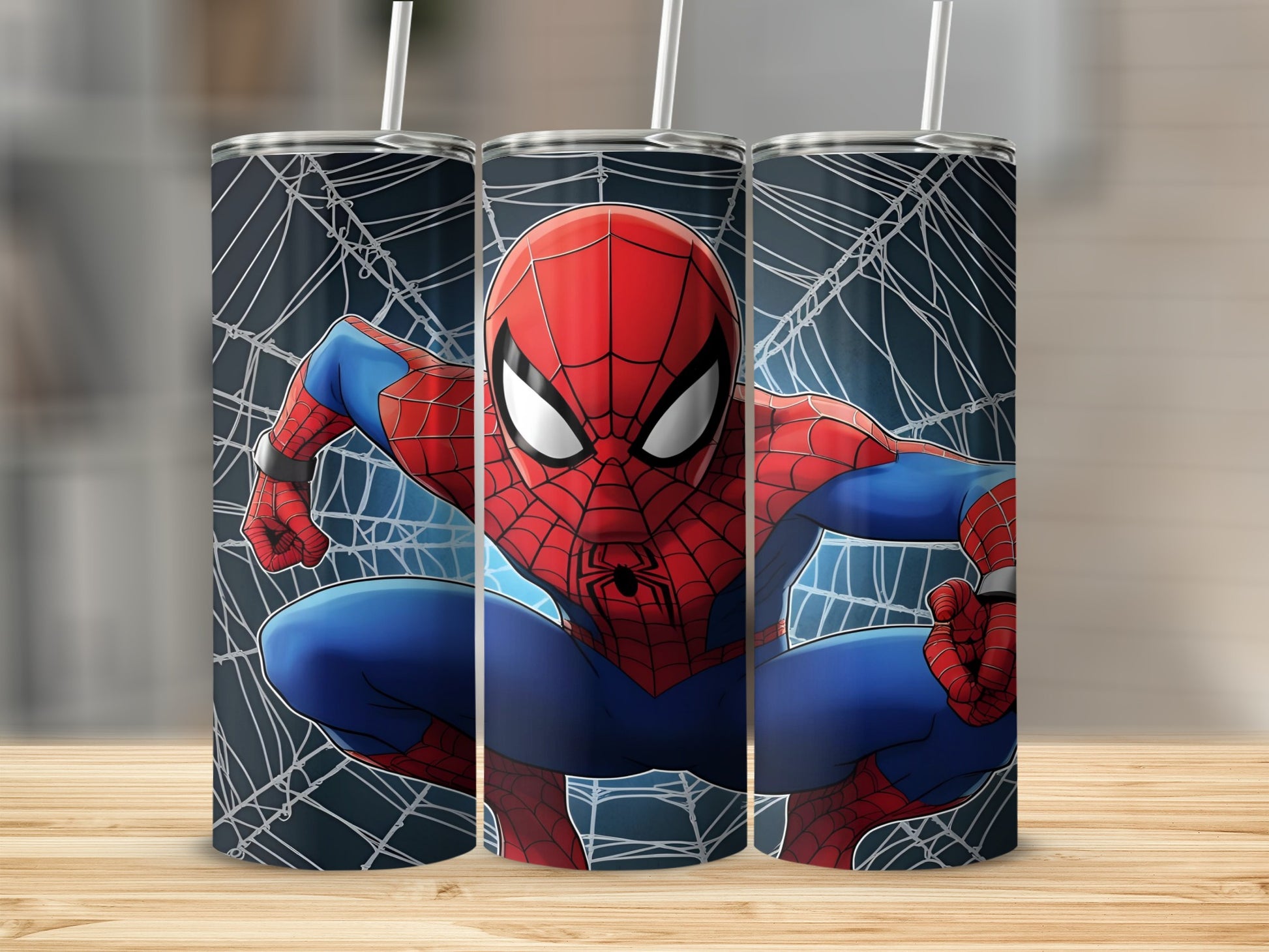 Spiderman posed on a web background, shown on a tumbler.