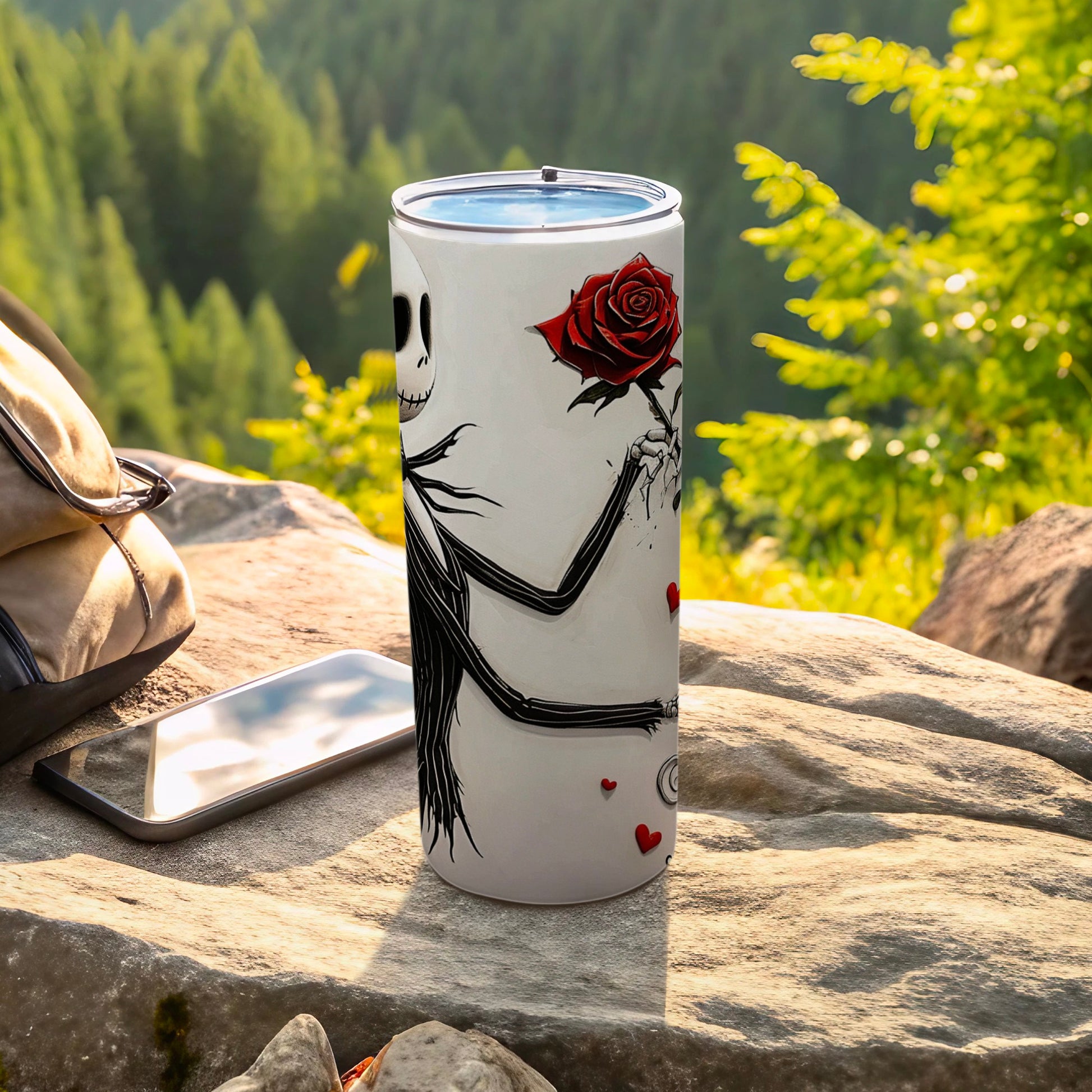 Skeleton Holding Red Rose Tumbler for Outdoor Adventures