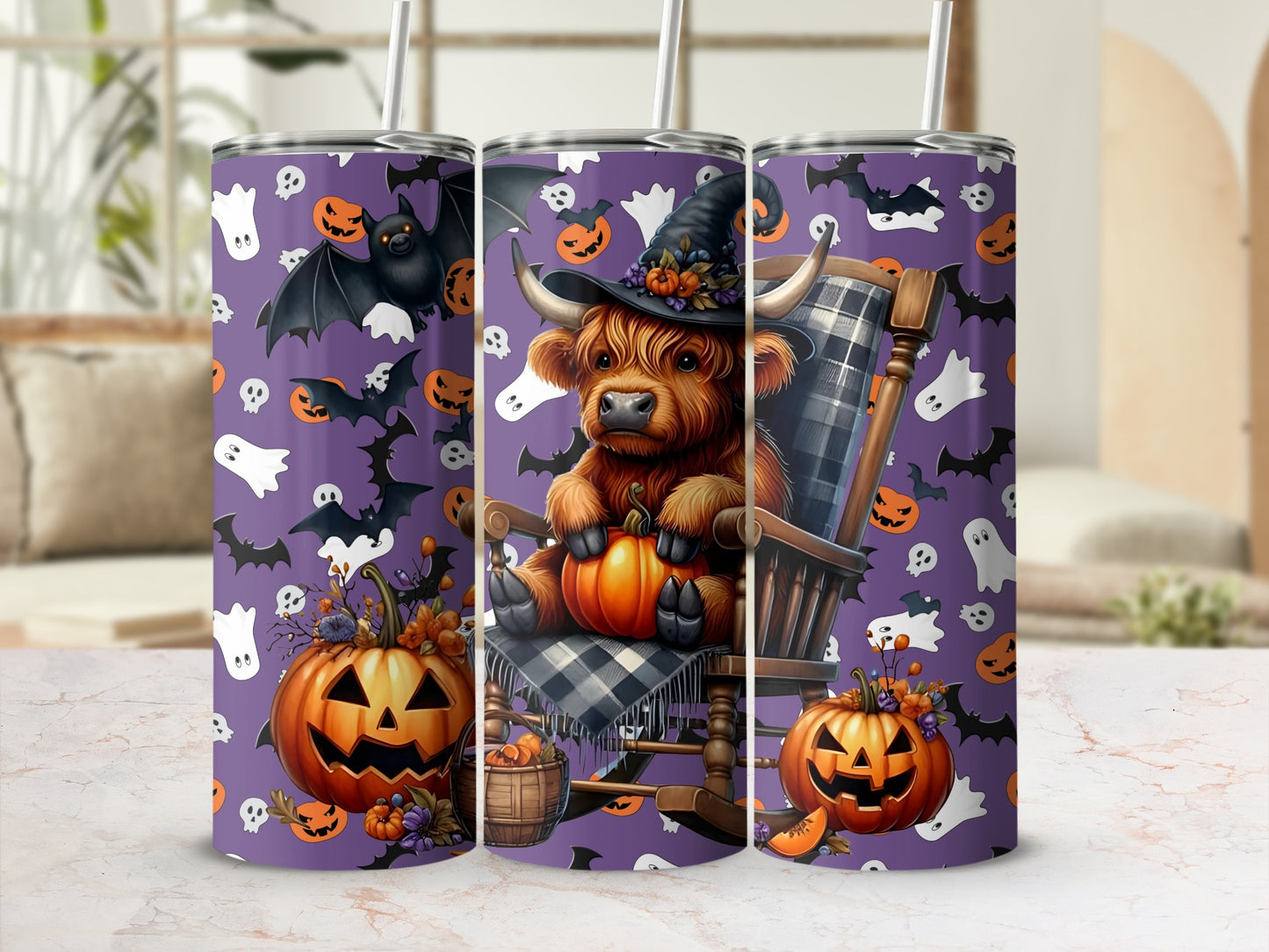 Halloween Cow with Pumpkins and Ghosts Tumbler