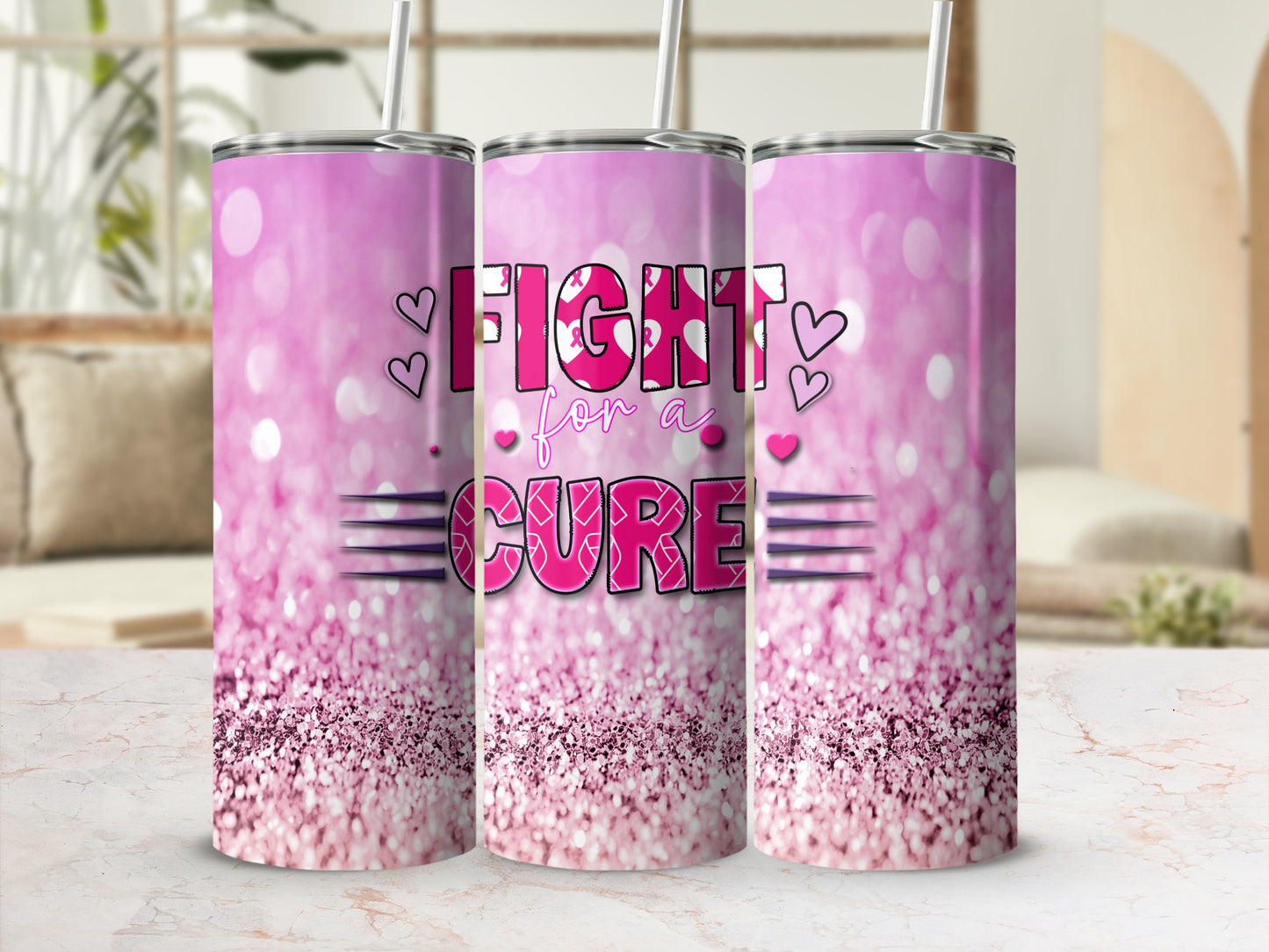 Pink glitter tumbler with "Fight for a Cure" text and hearts.