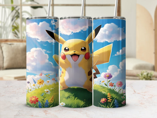 Pikachu from Pokémon smiling on a grassy hill with wildflowers under a blue sky.