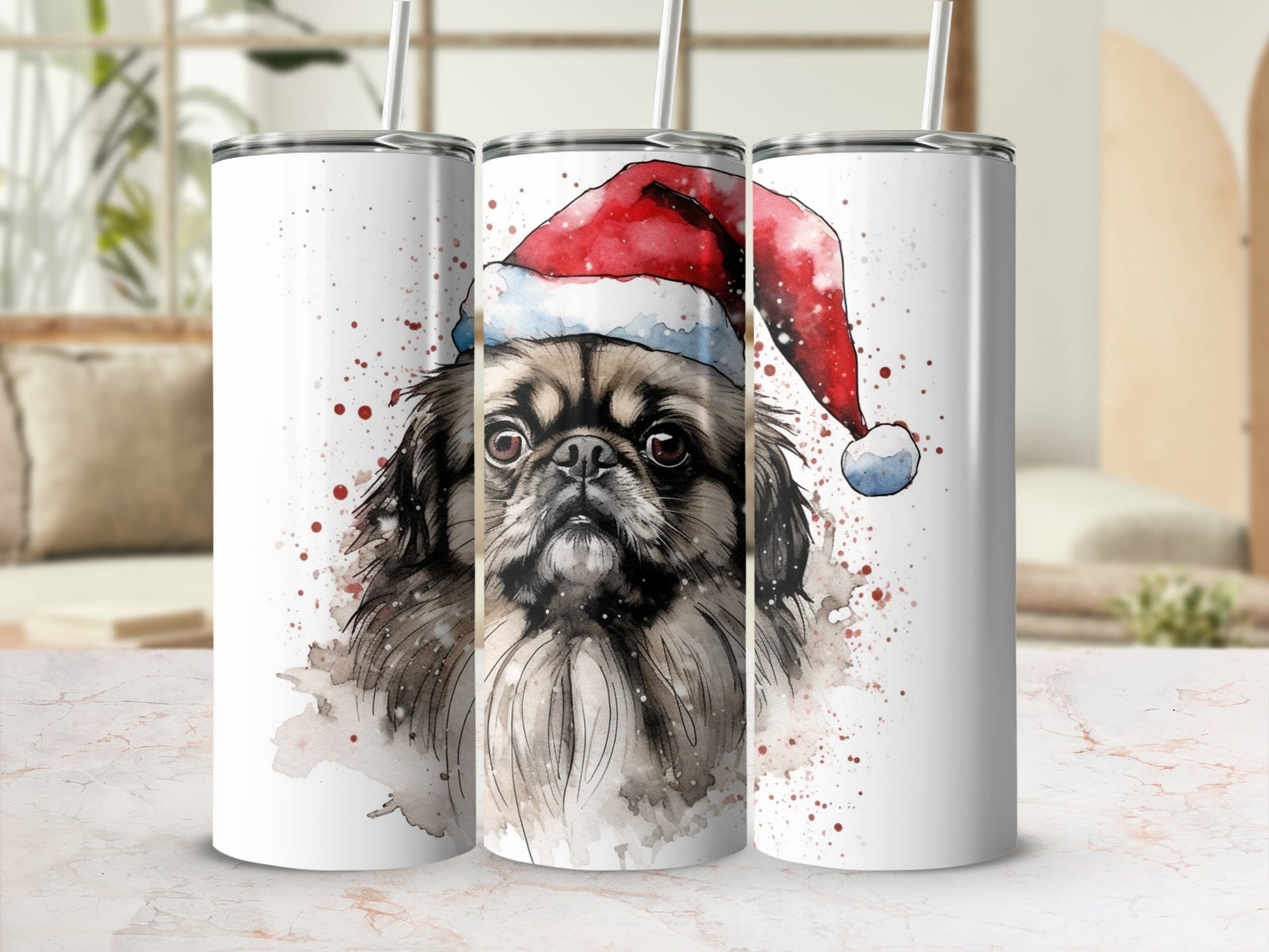 Watercolor Pekingese dog in Santa hat on a festive tumbler.