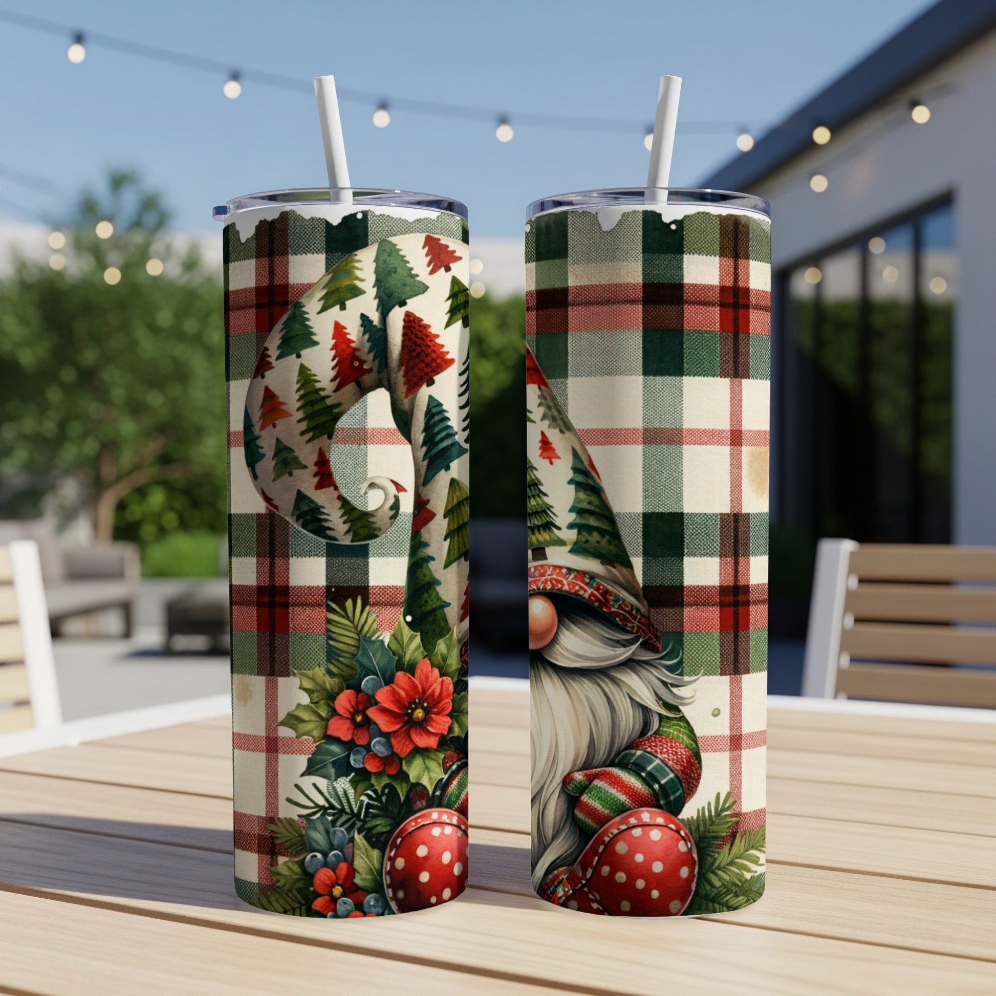 Two tumblers with a gnome and Christmas tree plaid design.
