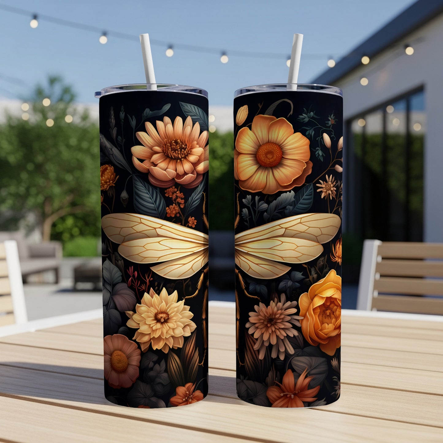 Two tumblers with a dark floral and dragonfly wing pattern.