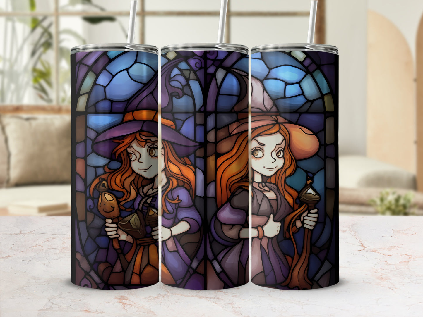 Two cartoon witches in stained glass style on tumblers.